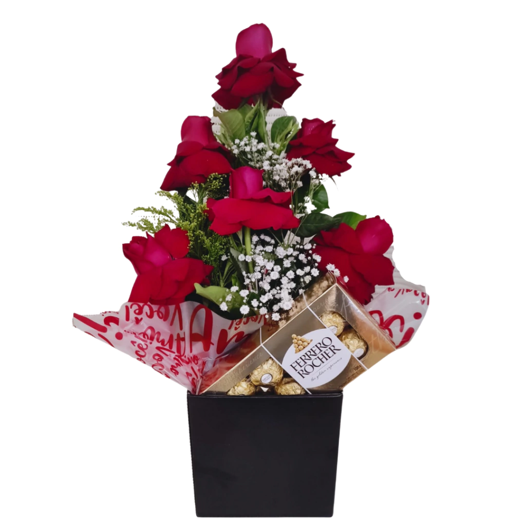 Pirâmide Real (Arranjo alto de rosas)  + Vaso + Ferrero Rocher